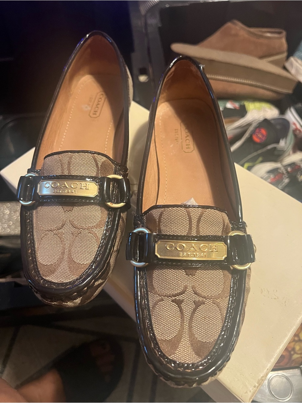 Coach Brown Signature Canvas Loafers with Gold Hardware
